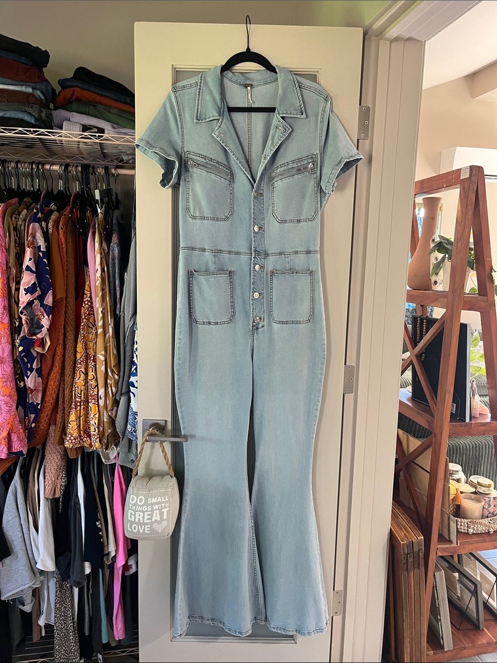 Free People Light Blue Denim Flared jumpsuit with Front Pockets